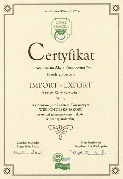 Wojtkowiak, certyfikat jakości
